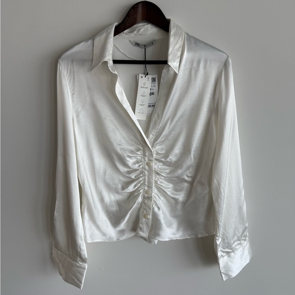 NWT Zara Ruched Satin Effect Shirt in Ecru White Ref. 4437/329 - Picture 8 of 11